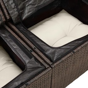 3 Részes Kerti Kanapészett Párnákkal Barna Poli Rattan, 2 Személyes Kerti Kanapé Tárolóval&amp;Párnákkal Barna Poli Rattan