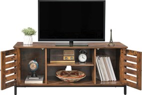 TV-szekrény lamellás ajtókkal, állítható polccal és tárolórekeszekkel, 110 x 40 x 50 cm, rusztikus barna/fekete