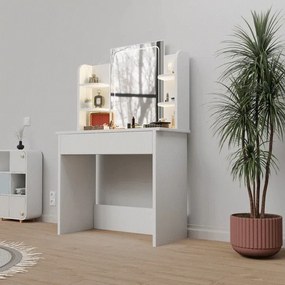 Modern fehér sminkasztal LED tükörrel és polcokkal Zoey
