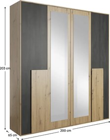 Hálószoba szett (szekrény+ágy+2x éjjeliszekrény), artisan tölgy/fekete norvég fenyő, BAFRA