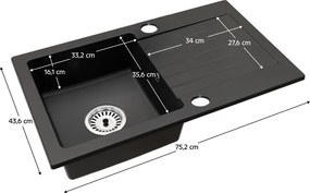 Gránit mosogató szifonnal és csepegtető felülettel, univerzális, fekete, 75,2x43,6, NOEL