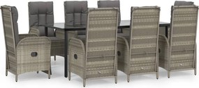 vidaXL 9 részes fekete és szürke polyrattan kerti étkezőszett párnával