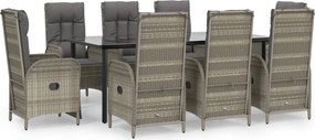 vidaXL 9 részes fekete és szürke polyrattan kerti étkezőszett párnával