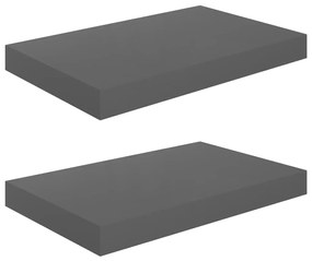 2 db magasfényű szürke MDF lebegő fali polc 40 x 23 x 3,8 cm