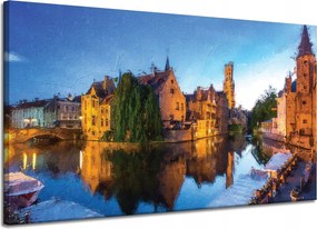 Vászonkép Folyó Város Este Olaj Stílus 120x70 cm