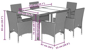 7 részes szürke polyrattan/üveg kerti étkezőgarnitúra párnával