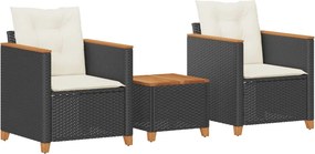 vidaXL 3 részes fekete polyrattan és akácfa bisztrószett párnákkal