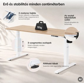Elektromos, állítható magasságú, ergonomikus, fehér/sonoma tölgy íróasztal,1600x800 mm: ARIA