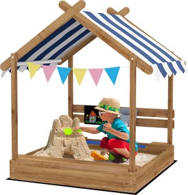 Outsunny Tetős Homokozó, Fa Homokozó Ülőhellyel, Játszóház, 124 x 116 x 146 cm Ombraformás Homokozó 3-7 Éves Gyerekeknek, Kert, Barna | Aosom