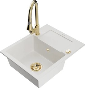 Mexen Enzo gránit mosogató 1-medencés csepptálcával és Elia konyhai csapteleppel, fehér - 6506-20-670101-50