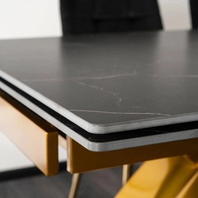 Fekete Márványhatású Bővíthető Kerámia Asztal Arany Lábbal. LUIGI 160-240 cm
