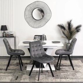 Étkezőgarnitúra: bővíthető asztal 120–160 cm fekete / fehér magasfény színkombinációban + 4 db szürke szék – CLARK / RICK