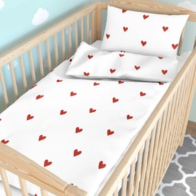 Goldea gyermek pamut ágyneműhuzat kiságyba - piros szívecskék, fehér alapon 110 x 125 és 35 x 55 cm