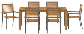 7 Részes Kerti Étkező Szett Szürke Poli Rattan Akác, Egymásra Rakható Kerti Székek Párnákkal 2 db Szürke Poli Rattan
