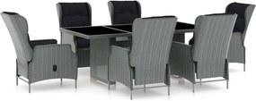 vidaXL 7 részes világosszürke polyrattan kültéri étkezőszett párnákkal
