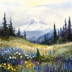 Canvas Vászonkép Tájkép Hegyek Hó Erdő Tisztás Virágok Tavasz 40x40