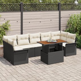 8 Részes Kerti Sofa Szett Párnákkal Fekete Poli Rattan, 2-Személyes Kerti Sofa Tárolóval &amp; Párnákkal Fekete Poli Rattan