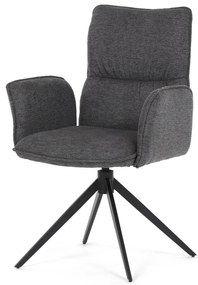 Scaun de dining rotativ, tapițat cu material textil gri, mecanism rotativ 360°, picioare metalice negre