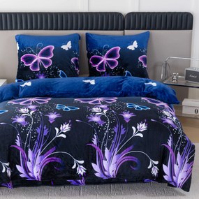 Mikroplüss ágyneműhuzat szett VIOLET BUTTERFLY sötétkék + mikroplüss lepedő SOFT 90x200 cm fehér, egyszemélyes ágyhoz