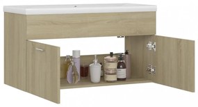 tölgyszínű szerelt fa mosdószekrény beépített mosdókagylóval