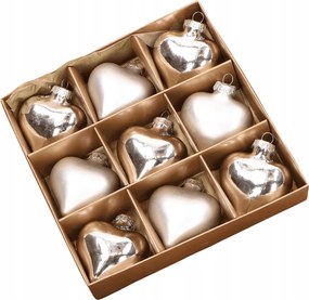 Ezüst üveg szív 6,5cm- 9 db arany csomagolásban