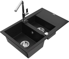 Mexen Gaspar, 1,5 kamrás gránit mosogató 737x475x177 mm és Flora mosogató csaptelep, fekete, 6507-77-670401-00