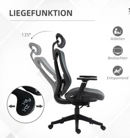 Vinsetto Ergonomikus irodai szék, 135-os dőlésszög, állítható magasság 3D, szürke