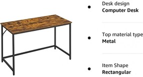 Íróasztal, számítógép asztal, rusztikus barna 120x60x75cm