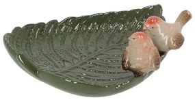 Levél alakú kerámia madáritató és madáretető, kismadár dekorációval