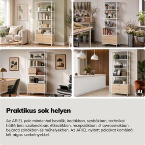 Polc fiókokkal irodába, iratrendezőkhöz és dokumentumokhoz, nyitott polcok, fém, fehér/sonoma tölgy, 800x2200x400 mm: ARIEL Eco Design