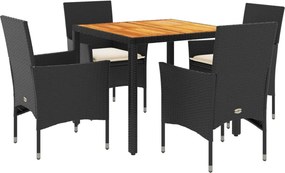 vidaXL 5részes fekete polyrattan/akácfa kerti étkezőgarnitúra párnákkal