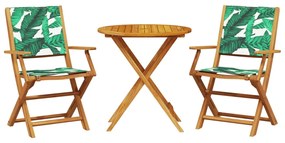 vidaXL 3 részes levélmintás szövet és tömör fa bisztrószett