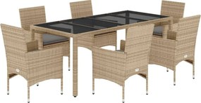 vidaXL 7 részes bézs polyrattan/üveg kerti étkezőgarnitúra párnákkal