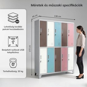BOZP öltözőszekrény 10 ajtós szürke-pasztell: BARTEK 1360 x 1720 x 450 mm