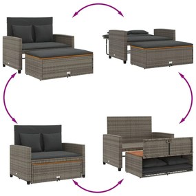 2 személyes szürke polyrattan/akácfa kerti kanapé párnával