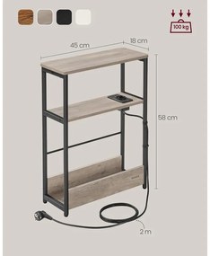 Keskeny oldal asztal töltő funkcióval 3 polcos, 18 x 45 x 58 cm Greige szürke fekete lábakkal