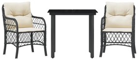 3 részes fekete polyrattan bisztrógarnitúra párnával