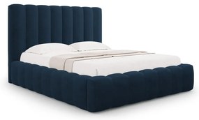 Sötétkék kárpitozott ágyneműtartós franciaágy ágyráccsal 200x200 cm Kelp – Micadoni Home