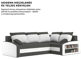 Grande sarokkanapé polcokkal , polc a jobb karfaban, jobboldali, szövet anyag, bonell töltet, szürke - fehér