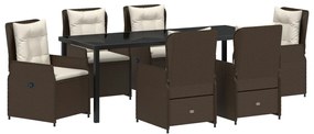 7 Darabos Kerti Étkezőszett Barna Poli Rattan, Kerti Asztal Fekete 200x80x73 cm Edzett Üveggel