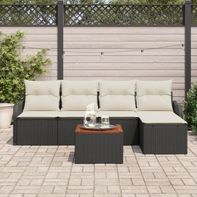 6 darabos Kert kanapé szett párnákkal Fekete Poli Rattan Akác, 2 személyes Kert kanapé tárolóval és párnákkal Fekete Poli Rattan