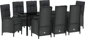 vidaXL Kert étkező szett párnával 9 pcs Fekete polirattan