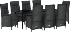 vidaXL Kert étkező szett párnával 9 pcs Fekete polirattan