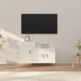 2-részes magasfényű fehér szerelt fa TV-szekrényszett