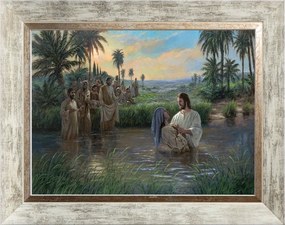 Keresztelő Jódnában Szakrális Vászonkép Fehér Díszített Keretben 30X40