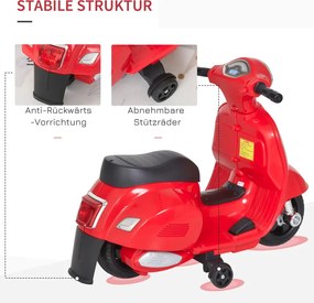 HOMCOM Elektromos gyerekmotor vespa, LED fénnyel, hanggal, 18-36 hónapos korú, piros
