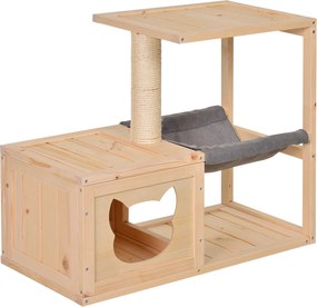 PawHut Macskaotthon Hálóval, Macska Doboz Sisakposzttal, Macska Barlang, Macska Fa, Macska Tevékenységi Központ, Borovi Fenyő, Natúr, 70 x 35 x 60 cm