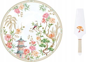 Porcelán Tálalótál Sütemény és tányérral 30 cm, nyári mintás virágok, madár