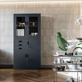 Fém iratszekrény széffel, vitrinnel és fiókokkal FILIP, 900 x 1850 x 400 mm, antracit