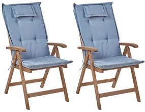 Sötétbarna akácfa kerti szék kétdarabos szettben kék párnákkal AMANTEA Beliani